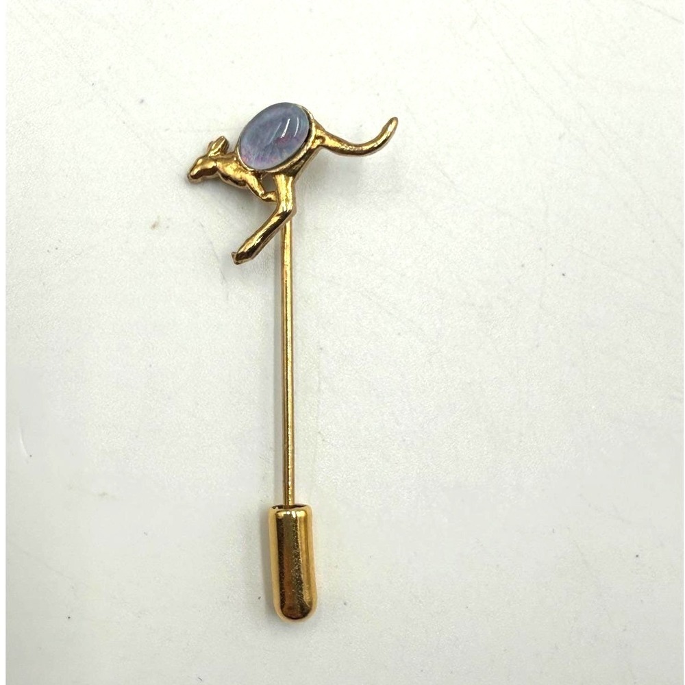 Vintage Gold Tone Kangaroo Stick Pin Iridescent Cabochon Stone Lapel Hat Pin